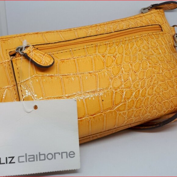 Liz Claiborne Clutch Wallet Mustard Yellow Faux Alligator w Logo Wrist Strap - Picture 6 of 7
